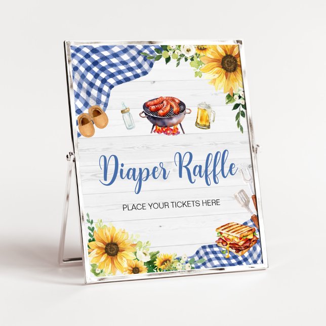 Póster Blue Sunflower BBQ Baby Shower Diaper Raffle (Boy Picnic Backyard Baby Shower Diaper Raffle Sign)