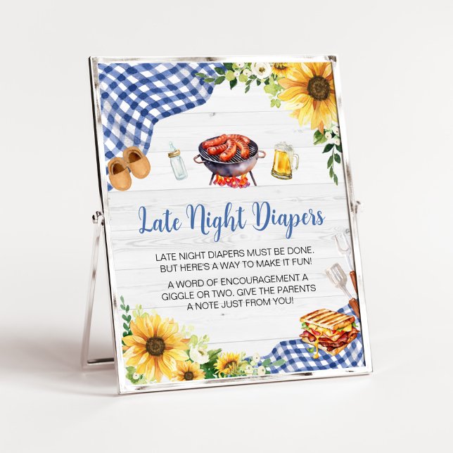 Póster Blue Sunflower BBQ Baby Shower Tardes Diapers (Boy Picnic Backyard Baby Shower Late Night Diapers Sign)