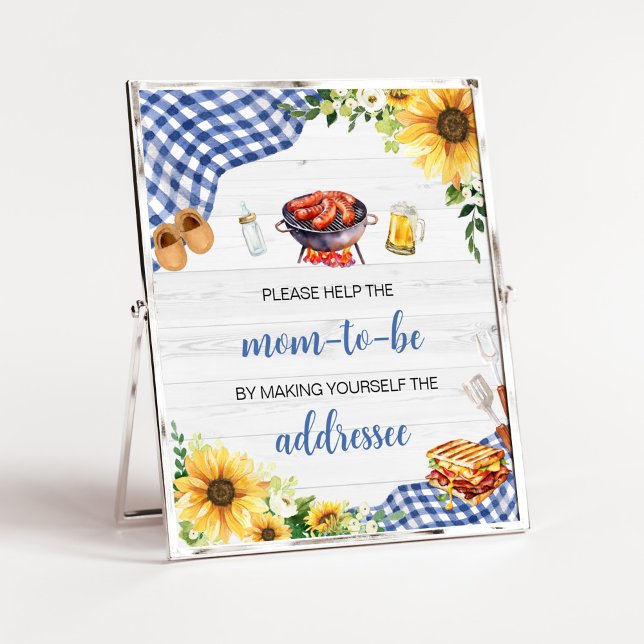 Póster Blue Sunflower BQ Baby Shower Envelope Station (Boy Picnic Backyard Baby Shower Envelope Station Sign)