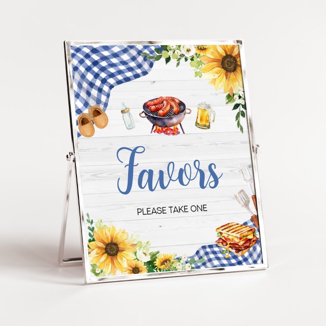 Póster Blue Sunflower BQ Baby Shower Favores (Boy Picnic Backyard Baby Shower Favors Sign)