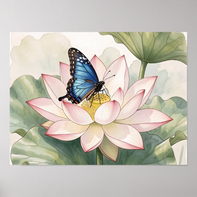 Póster  Blue Swallowtail Butterfly With Lotus Flower Art (Frente)