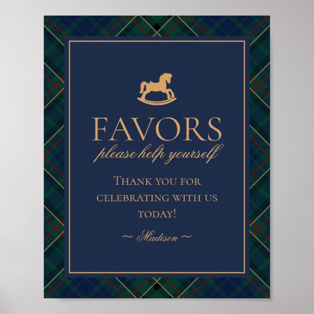 Póster Blue Tartan Plaid Rocking Horse Favors Sign (Frente)