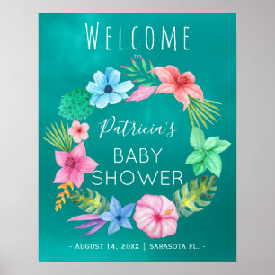 Póster Blue teal tropical wreath baby shower welcome sign