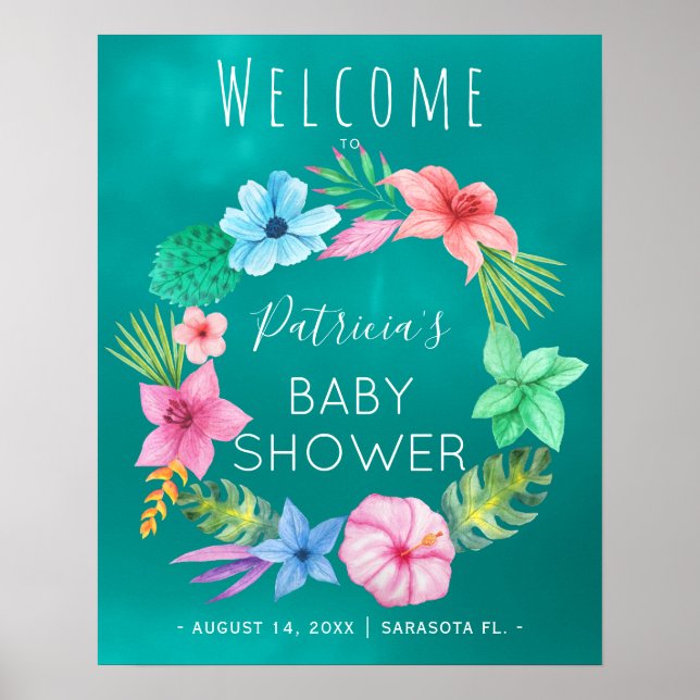 Póster Blue teal tropical wreath baby shower welcome sign (Frente)