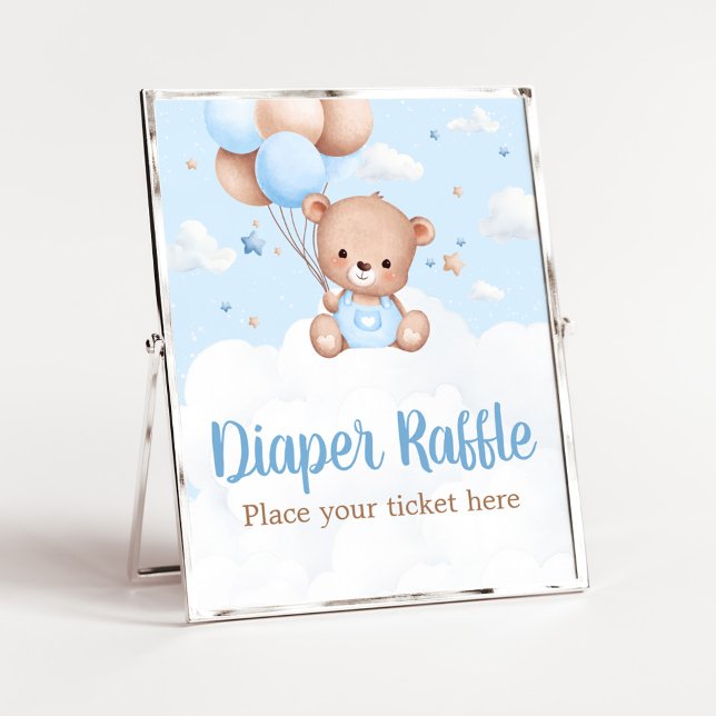 Póster Blue Teddy Bear Baby Shower Diaper Raffle (Blue Boy Teddy Bear Clouds Balloon Baby Shower Sign)