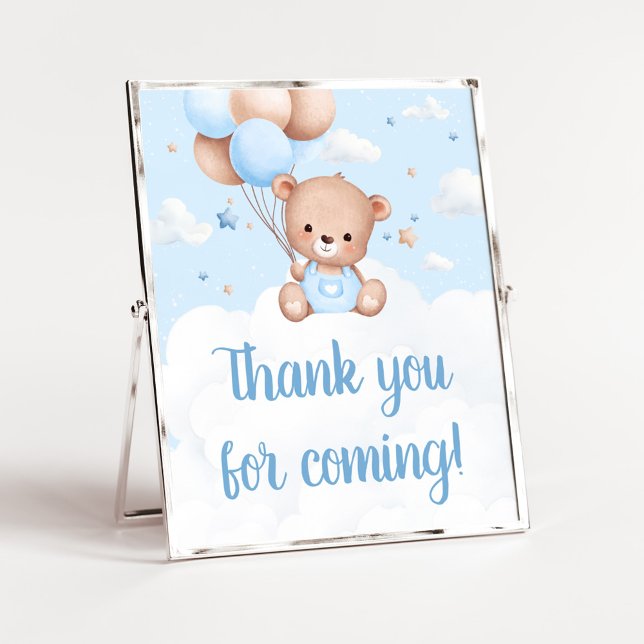 Póster Blue Teddy Bear Baby Shower Gracias Rótulo (Blue Boy Teddy Bear Clouds Balloon Baby Shower Sign)