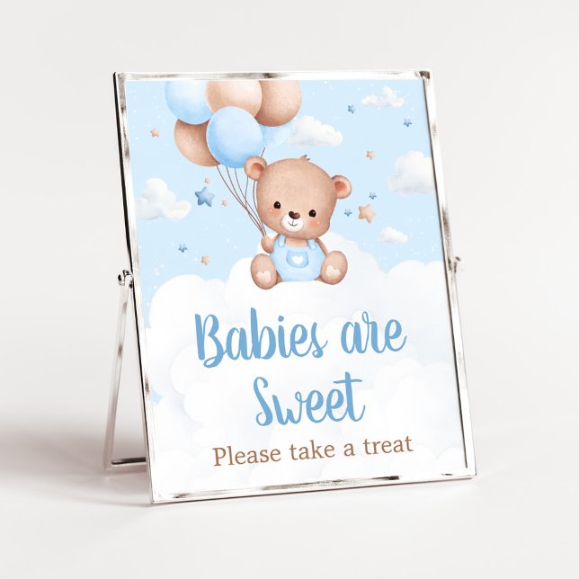 Póster Blue Teddy Bear Baby Shower Los bebés son Rótulo d (Blue Boy Teddy Bear Clouds Balloon Baby Shower Sign)