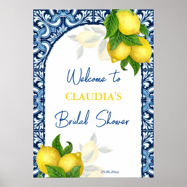 Póster Blue tiles and lemon Amalfi bridal shower welcome  (Frente)