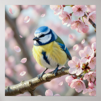 Póster  Blue Tit Bird on Cherry Blossom Tree Spring