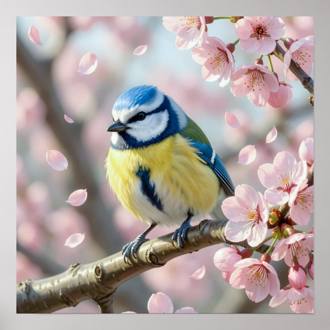 Póster  Blue Tit Bird on Cherry Blossom Tree Spring (Frente)
