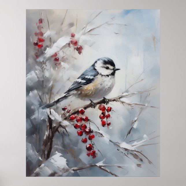 Póster Blue Tit Bird on Snowy Berries Winter Art (Frente)