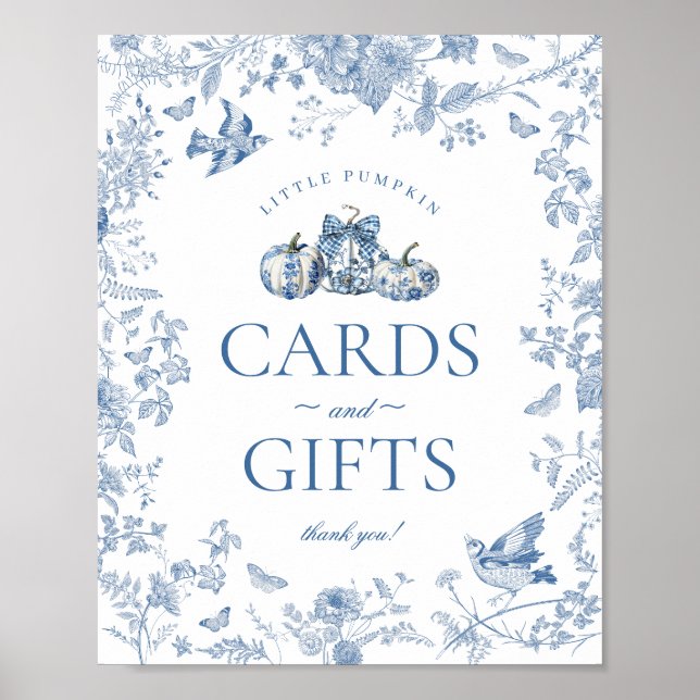 Póster Blue Toile Pumpkin French Fall Cards & Gifts Sign (Frente)