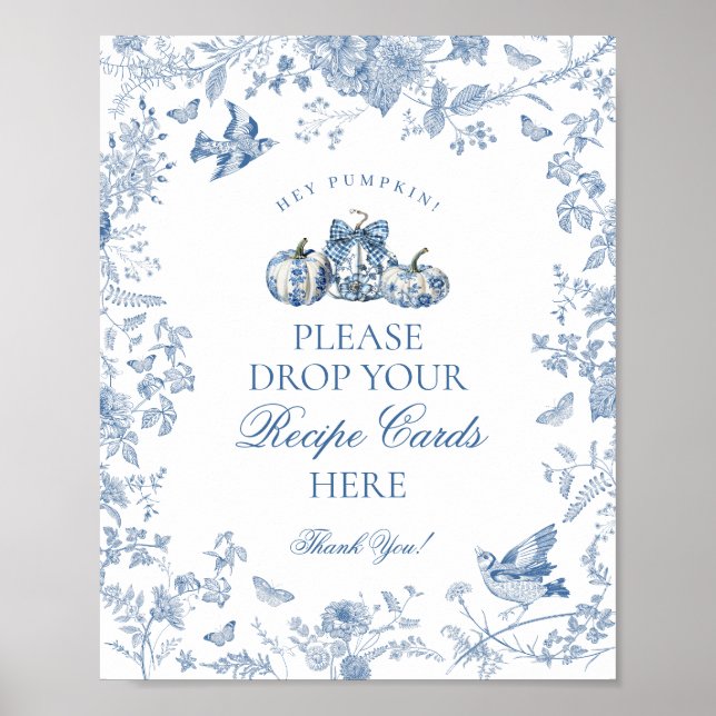 Póster Blue Toile Pumpkin French Fall Share a Recipe Sign (Frente)