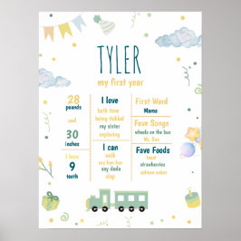 Póster Blue Train Birth Stats Primer hito de cumpleaños