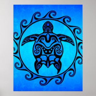 Póster Blue Tribal Turtle Sun