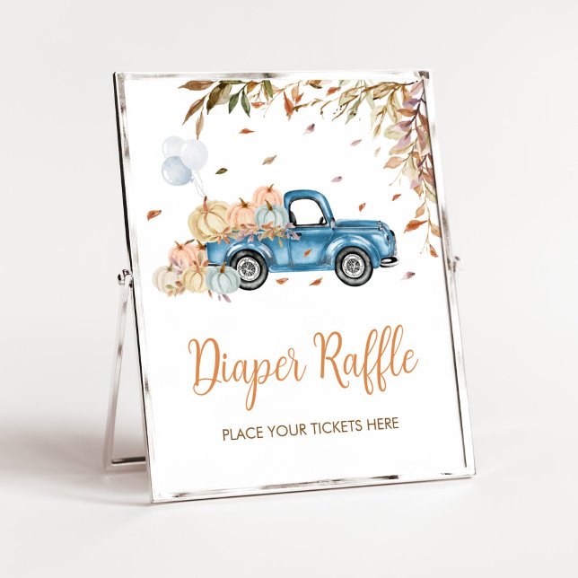Póster Blue Truck Pumpkin Diaper Raffle Baby Shower (Boy Little Pumpkin Truck Baby Shower Diaper Raffle Sign)