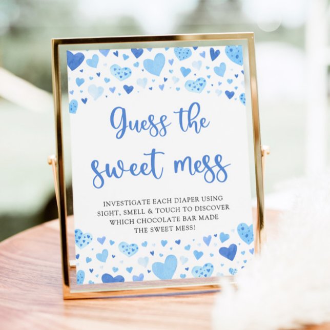 Póster Blue Valentine adivina el dulce juego del bebé de  (Watercolor Cute Blue Hearts Valentine Sweetheart Boy  Guess the Sweet Mess Baby Shower Game Sign)