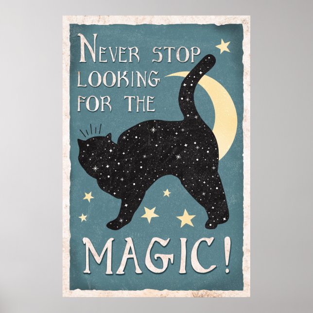 Póster Blue Vintage Black Cat Magic Stars Moon (Frente)