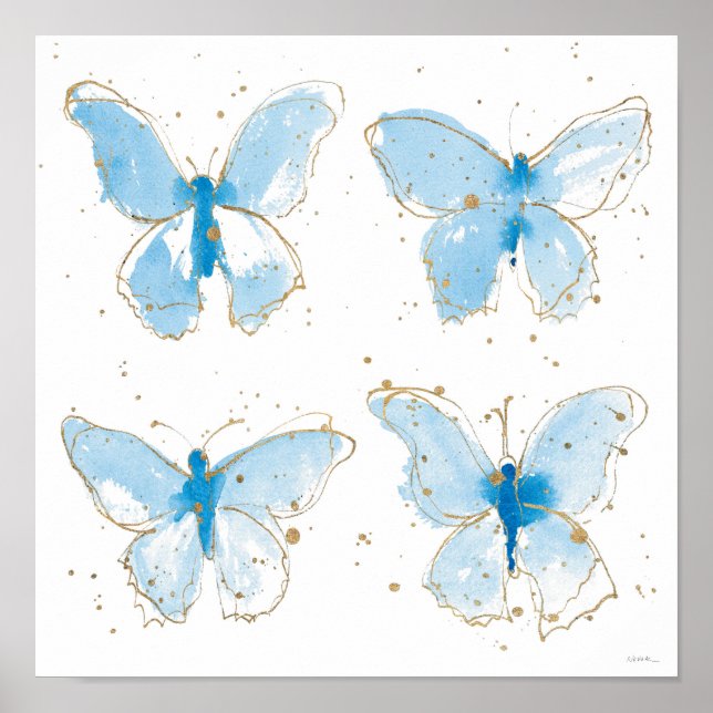 Póster Blue Watercolor Butterflies (Frente)