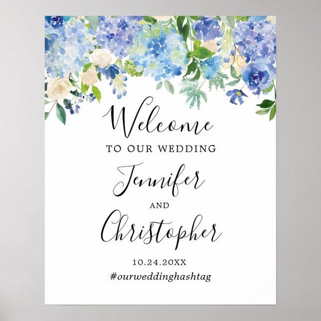 Póster Blue Watercolor Floral Wedding Welcome Sign (Frente)