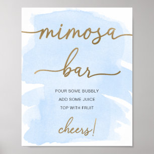 Póster Blue Watercolor Gold Mimosa Bar Rótulo