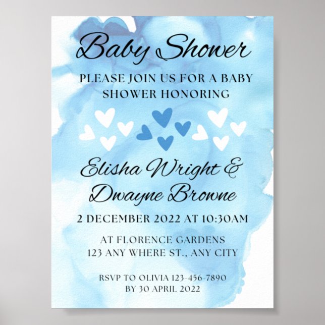 Póster Blue Watercolor Heart Baby Shower  Postcard (Frente)