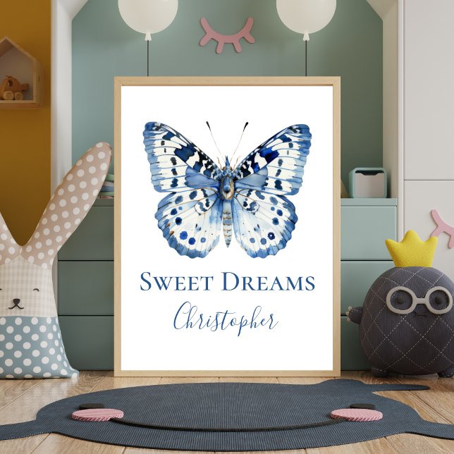 Póster Blue Watercolor Mariposa Nursera Wall Art Poster (Personalized Blue White Butterfly Nursery Wall Art Print Poster. )