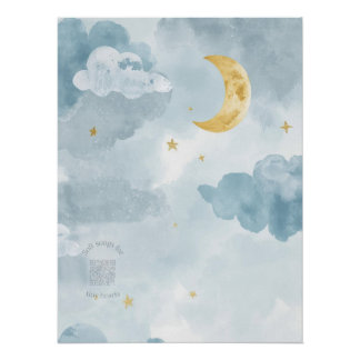 Póster Blue Watercolor Moon Nursery Print with Playlist