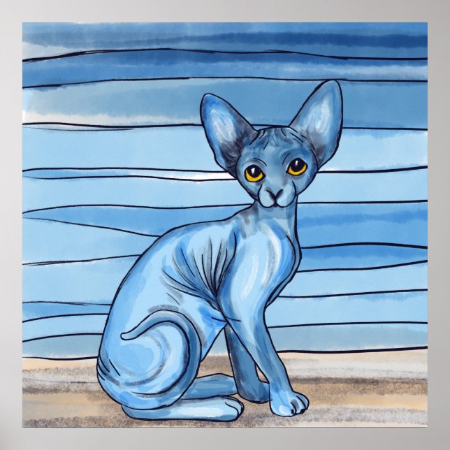 Póster Blue Watercolor Sphynx Cat (Frente)
