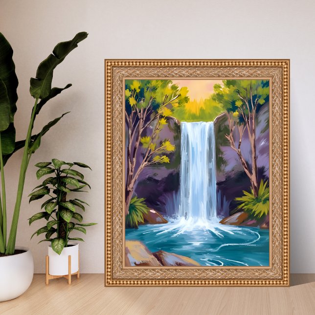 Póster Blue Waterfall | Forest Landscape Nature Painting (Subido por el creador)
