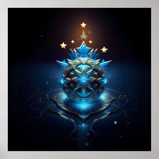 Póster Blue White Fractal Design With Stars