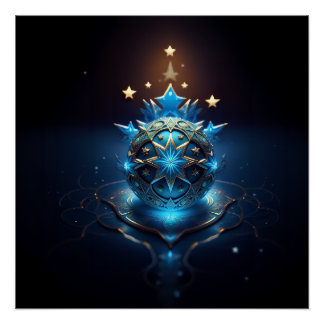 Póster Blue White Fractal Design With Stars
