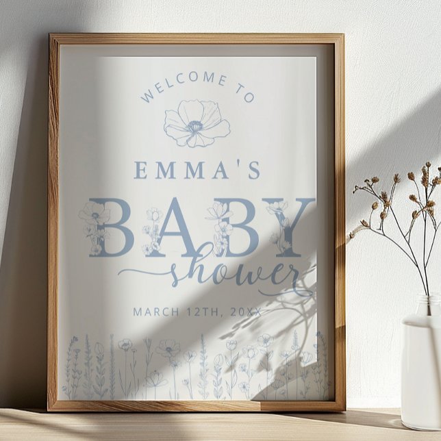 Póster Blue Wildflower Baby Shower Welcome Sign (Baby Shower Welcome Sign)