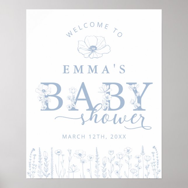 Póster Blue Wildflower Baby Shower Welcome Sign (Frente)