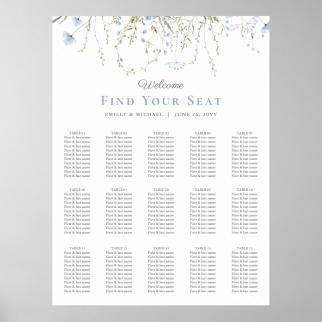 Póster Blue Wildflower Periwinkle Wedding Seating Chart (Frente)