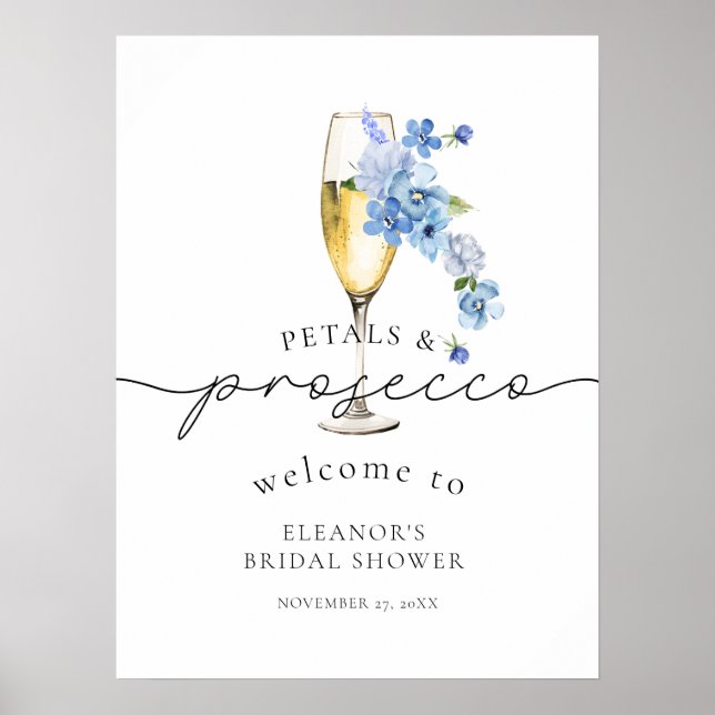 Póster Blue Wildflower Petals & Prosecco Bridal Shower (Frente)