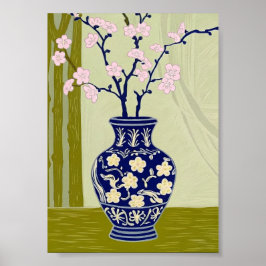 Póster Blue Willow Chinoiserie Vase & Pink Cherry Blossom