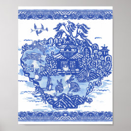 Póster Blue Willow Rabbit Island Whimsical Oriental Art
