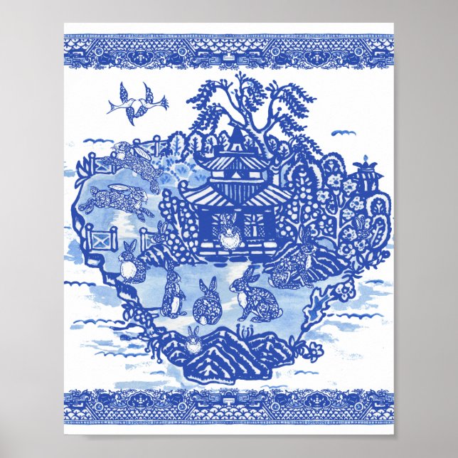 Póster Blue Willow Rabbit Island Whimsical Oriental Art (Frente)