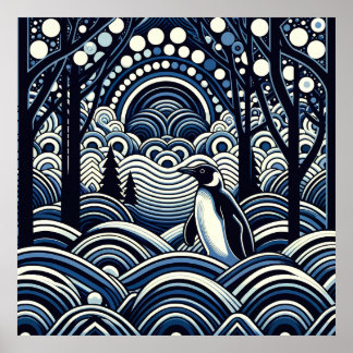 Póster Blue Winter Midnight King Penguin Abstract Forest