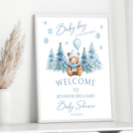 Póster Blue Winter Teddy Bear Pine Trees Baby Boy Shower