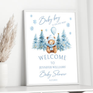 Póster Blue Winter Teddy Bear Pine Trees Baby Boy Shower