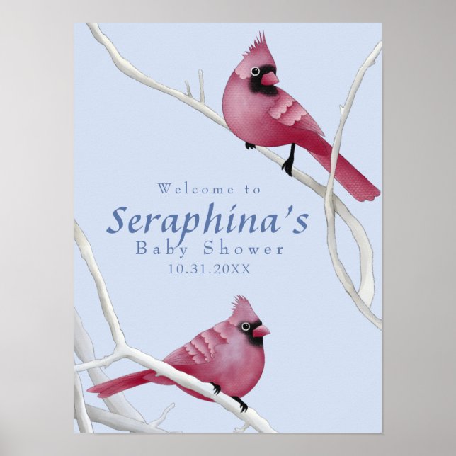Póster Blue Winter Watercolor Cardinals Baby Shower Poste (Frente)