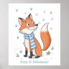 Póster Blue Woodland Cheeky Fox Playage Doodle Animal