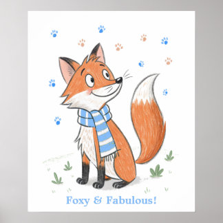 Póster Blue Woodland Cheeky Fox Playage Doodle Animal