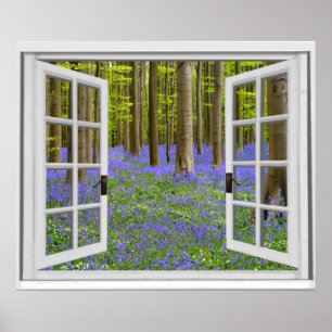 Póster Bluebells y árboles ven la ventana de Faux