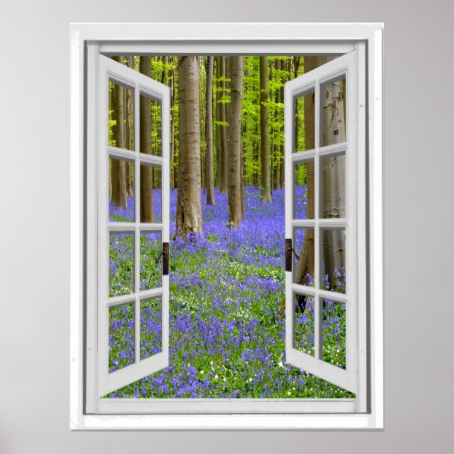 Póster Bluebells y árboles ven la ventana falsa (Frente)