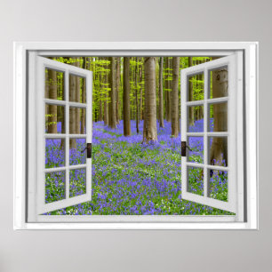 Póster Bluebells y ventana de la opinión de árboles falsa