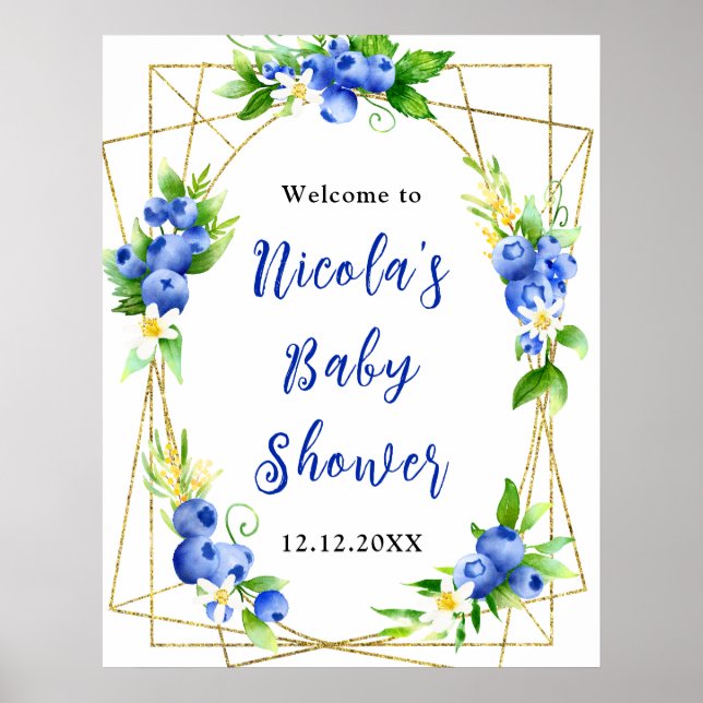 Póster Blueberry Floral Baby Shower Welcome (Frente)