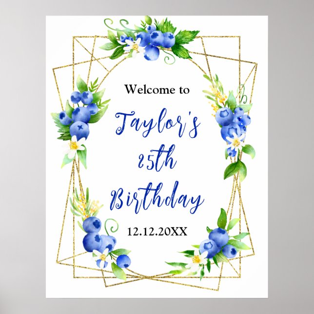 Póster Blueberry Floral Birthday Party Welcome Sign (Frente)